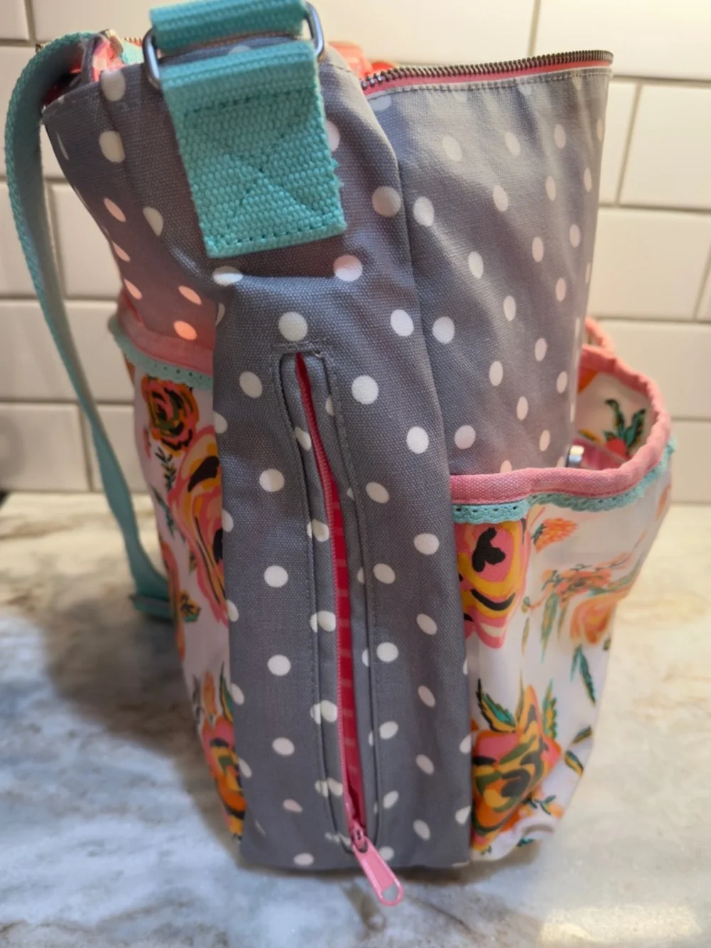 Matilda Jane Gray Polka Dot & Floral Crossbody with Pink Trim and Mint Strap